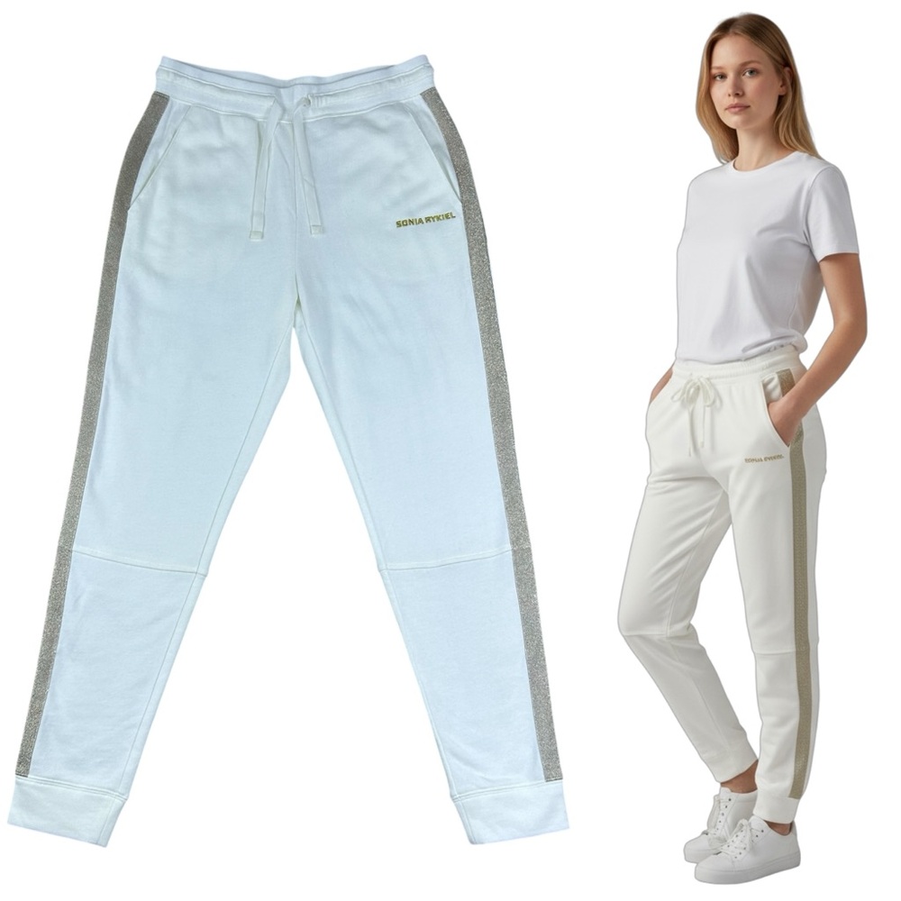 Sonia Rykiel Jogger Sweatpants Medium Logo Elastic Waist Drawstrings Athleisure